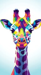 A vibrant, colorful pop-art style portrait of a giraffe's face and upper neck, utilizing geometric shapes and bright hues