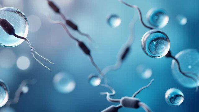 Sperm cell microscopic blue swimming reproductive biology science closeup medical healthy energetic background fertilization concept detail movement