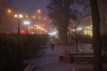 foggy evening city in winter