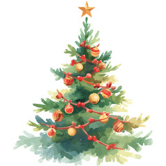 Watercolor Christmas Tree Illustration with Ornaments - 1