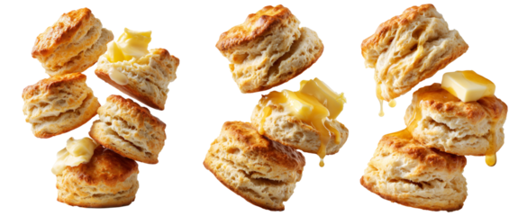 Buttermilk biscuits topped with syrup and butter, isolated on white background, concept of breakfast