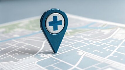 Public health milestone symbol on city map with blue location pin and medical cross representing healthcare progress