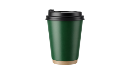 Dark Green Disposable Coffee Cup Product Shot with Black Lid and Kraft Band isolated PNG with Transparent Background
