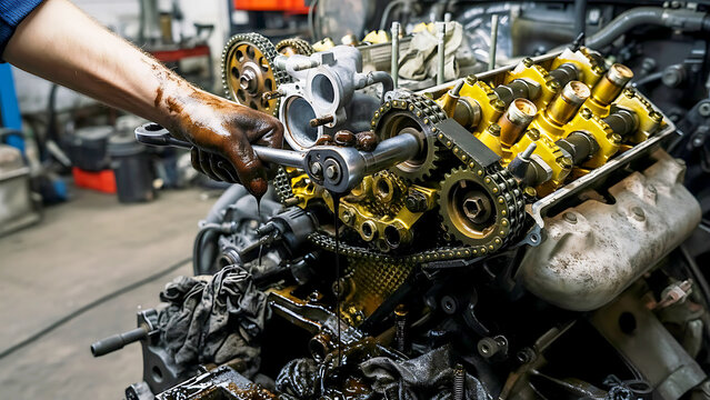 Mechanic rebuilding a car engine with exposed components in a workshop, representing automotive engineering, repair services, and mechanical expertise.