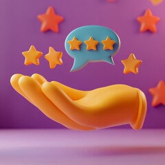 3D rendering of a cartoon hand with a speech bubble and five stars, symbolizing feedback or reviews in a fun and interactive way, Generative AI
