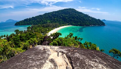 Lush tropical island coastline, featuring a white sandy beach, clear turquoise water, and verdant hillside under a clear blue sky