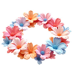 Colorful floral wreath with pastel flowers isolated on transparent background