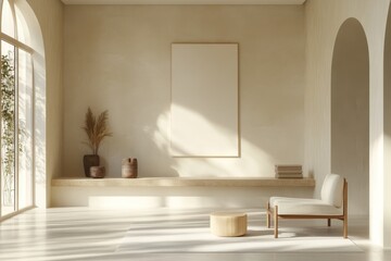 Light exhibition room interior with a shelf displaying decor items, accompanied by a mockup poster to showcase artworks or promotional material, Generative AI