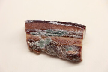 A Piece Of Spoiled Smoked Fatback (Salo) With Visible Green Fungus Growing On The Surface. Concept Of Improper Food Storage And Decay.