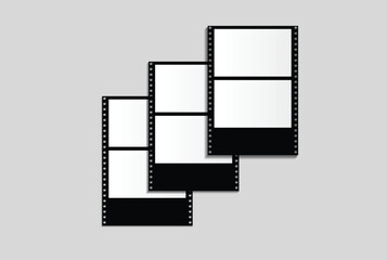 Vintage black film strip frames mockup with blank white placeholders. Movie cinema borders for photography, video editing assets, and nostalgic retro graphic.Art design reel cinema filmstrip template