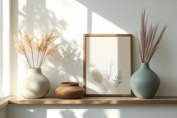 Light exhibition room interior with a shelf displaying decor items, accompanied by a mockup poster to showcase artworks or promotional material, Generative AI