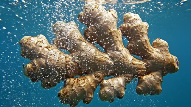Ginger Root Dropping Into Water Creating Dynamic Bubbles