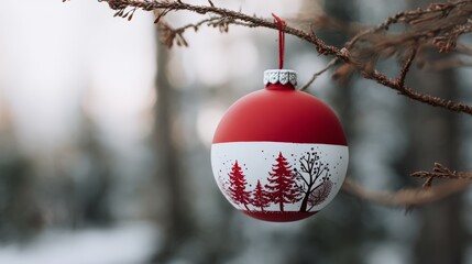 Red Christmas Ornament with Winter Forest Design Hanging on Bare Branch, Soft Focus Background.