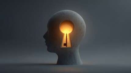 Abstract Head Keyhole Glowing Pencil:  Intriguing Conceptual 3D Render,  Mysterious and Insightful.