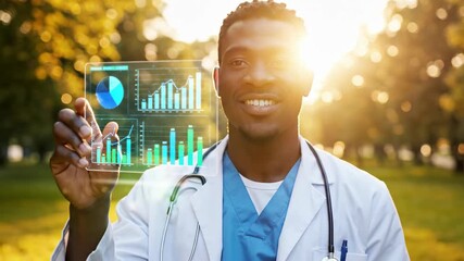 Smiling African American doctor in a lab coat holding a futuristic transparent tablet displaying medical data and charts outdoors at sunset - Powered by Adobe
