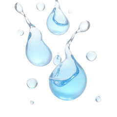 Three blue water drops and small spheres isolated on transparent background