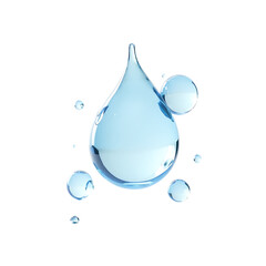 Clear blue water drop with small bubbles isolated on transparent background