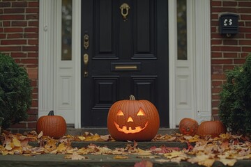 Carved pumpkins displayed near a black house door, creating a seasonal and festive atmosphere for Halloween, Generative AI
