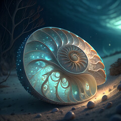 A glowing bioluminescent nautilus shell rests on a sandy ocean floor, emitting ethereal light in a deep underwater scene.