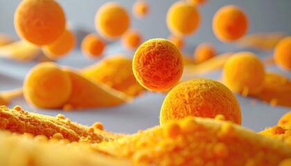 Microscopic View of Orange Spheres and Organic Structures.