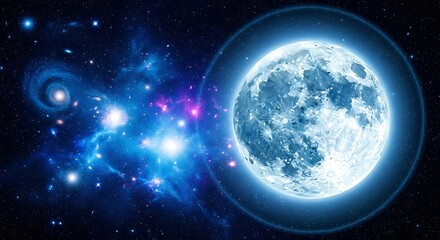 A vibrant cosmic display featuring a glowing blue celestial body and swirls of nebulae in a vast, dark expanse