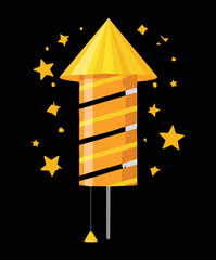 Golden firework rocket with stars on black background for festive night celebration and happy new year display