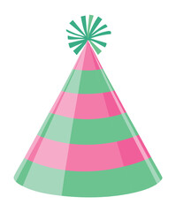Vibrant pink and green striped party hat for happy birthday celebration and festive holiday event headwear decoration