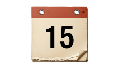Torn calendar page with number 15 isolated on a transparent background torn paper red header ripped edge