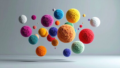 A vibrant collection of colorful, textured spheres floating in a neutral space.