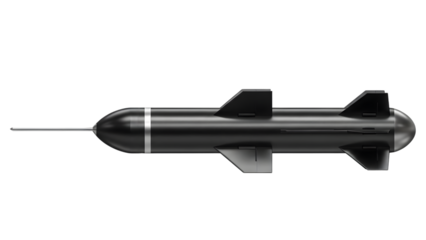 Torpedo with Fins and Guidance System isolated on a transparent background missile underwater military