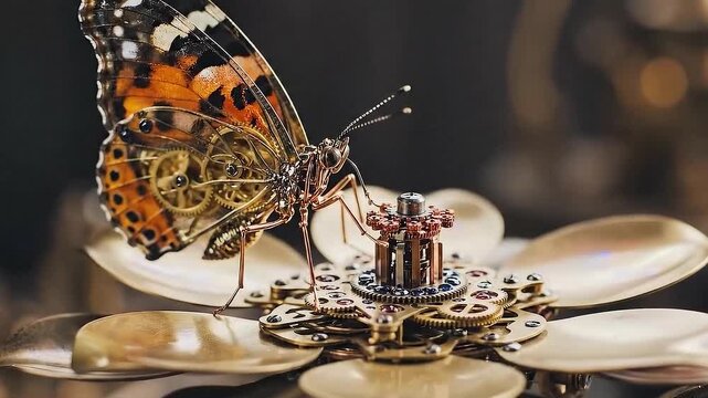 Macro of a clockwork butterfly with glass wings landing on a mechanical flower.