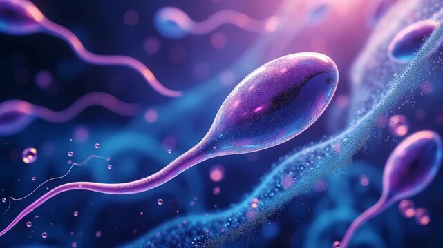 Microscopic Sperm Cells Concept ,Sperm cell microscopic blue purple fluid biology science closeup vibrant medical health swimming motion anatomy male