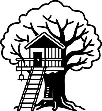 
This image is a black and white line-art illustration of a wooden treehouse nestled in a large tree with a ladder leading up to the porch.