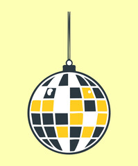 Hanging silver and yellow disco mirror ball for retro dance party celebration and nightclub music event decoration