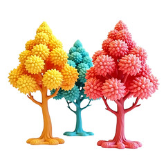 Three colorful fantasy trees isolated on transparent background