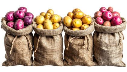 Four burlap sacks overflowing with various potato varieties