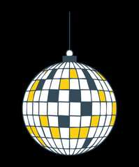 Sparkling silver and yellow disco mirror ball for dance club party entertainment and retro nightclub music event