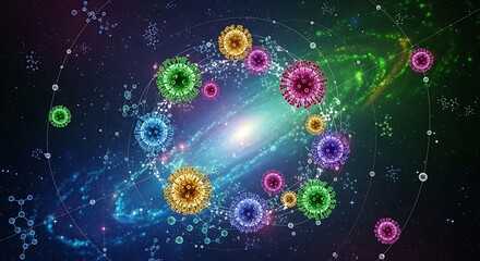 A vibrant cosmic scene featuring colorful, spherical entities clustered around a luminous galactic center, set against swirling nebulas