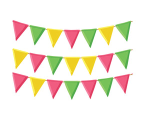 Vibrant multi colored bunting flags for festive celebration and happy birthday party event decoration on white background