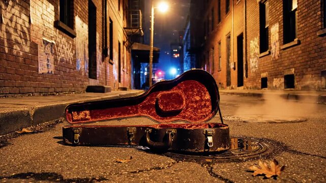 A guitar case lies open on a dimly lit alleyway street at night with brick buildings and a police car in the background