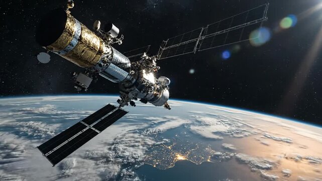 Orbital space station and earth composite imagery of space exploration