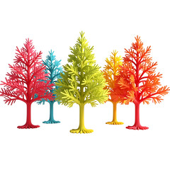 Collection of colorful artificial trees isolated on transparent background