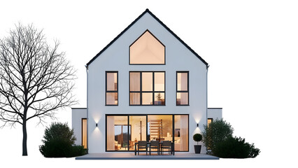 Two story white house with large windows and illuminated interior at night isolated on a transparent background