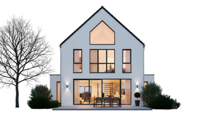 Two story white house with large windows and illuminated interior at night isolated on a transparent background