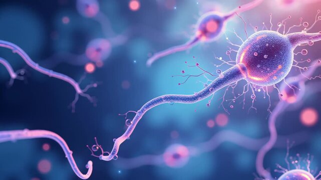Microscopic Sperm Cells Concept ,Neural cell neuron synapse axon dendrite biology science microscopic glowing blue pink purple abstract medical