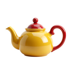Yellow ceramic teapot with red lid and handle isolated on transparent background