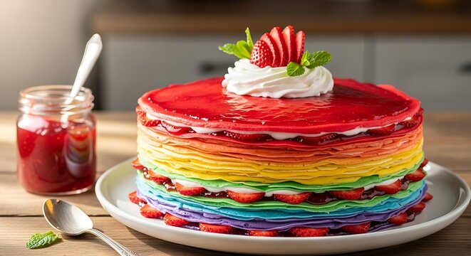 A vibrant crepe cake in rainbow colors, layered with cream and strawberries, topped with sliced fruit and mint. A jar of preserves and spoon are beside it