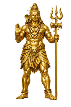 Golden statue of a fierce standing Lord Shiva holding a trident and drum (damaru), wearing a garland of skulls.