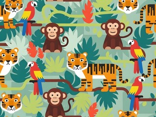Naklejka premium Colorful cartoon illustration of tigers monkeys and parrots in jungle setting