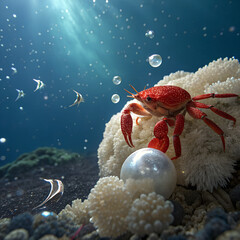 Vibrant red crab guarding a luminous pearl on the ocean floor amidst white coral and swimming fish with sun rays.